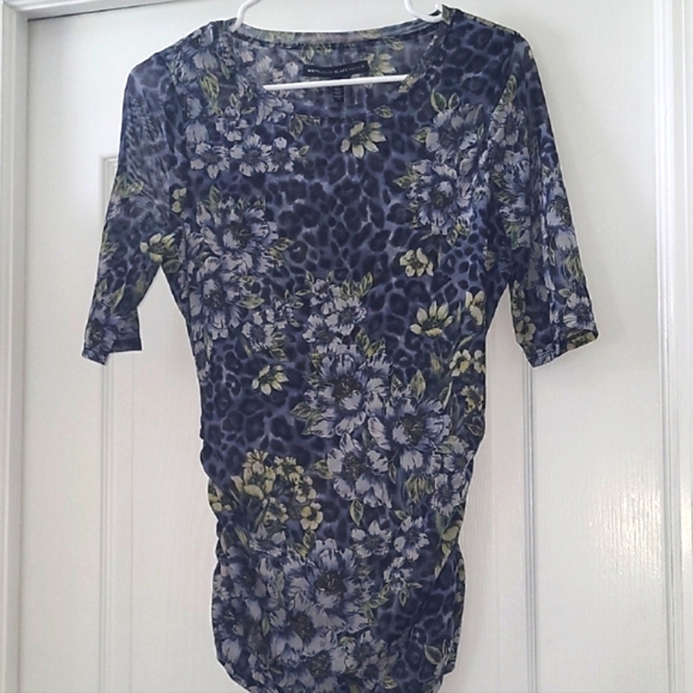 White House Black Market Blue Fitted Sheer Top with Ruched Sides - S EUC